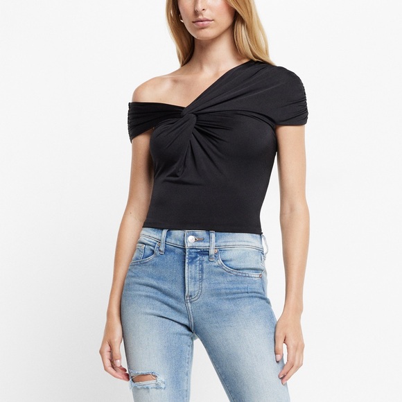 ✨ NWT Express Body Contour One-Shoulder Twist Cropped Top | Black | Sz S ✨ - Picture 9 of 9